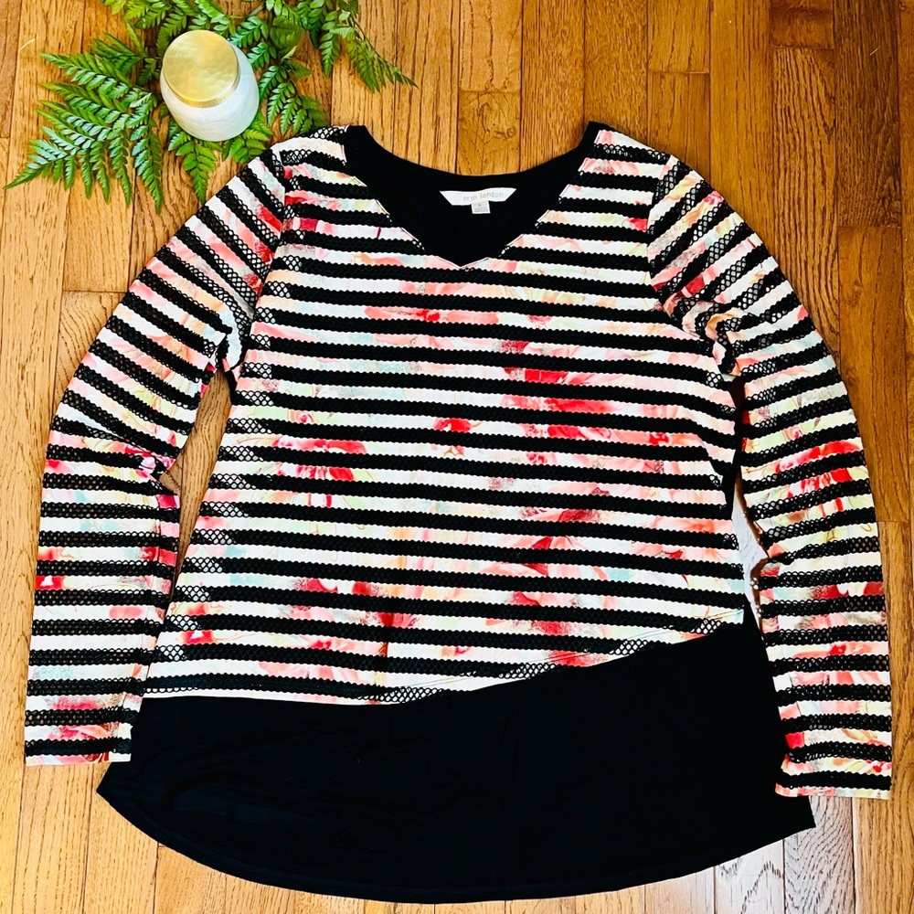 Erin London Long Sleeve Shirt- Size Small - Pink Black Floral Striped Mesh